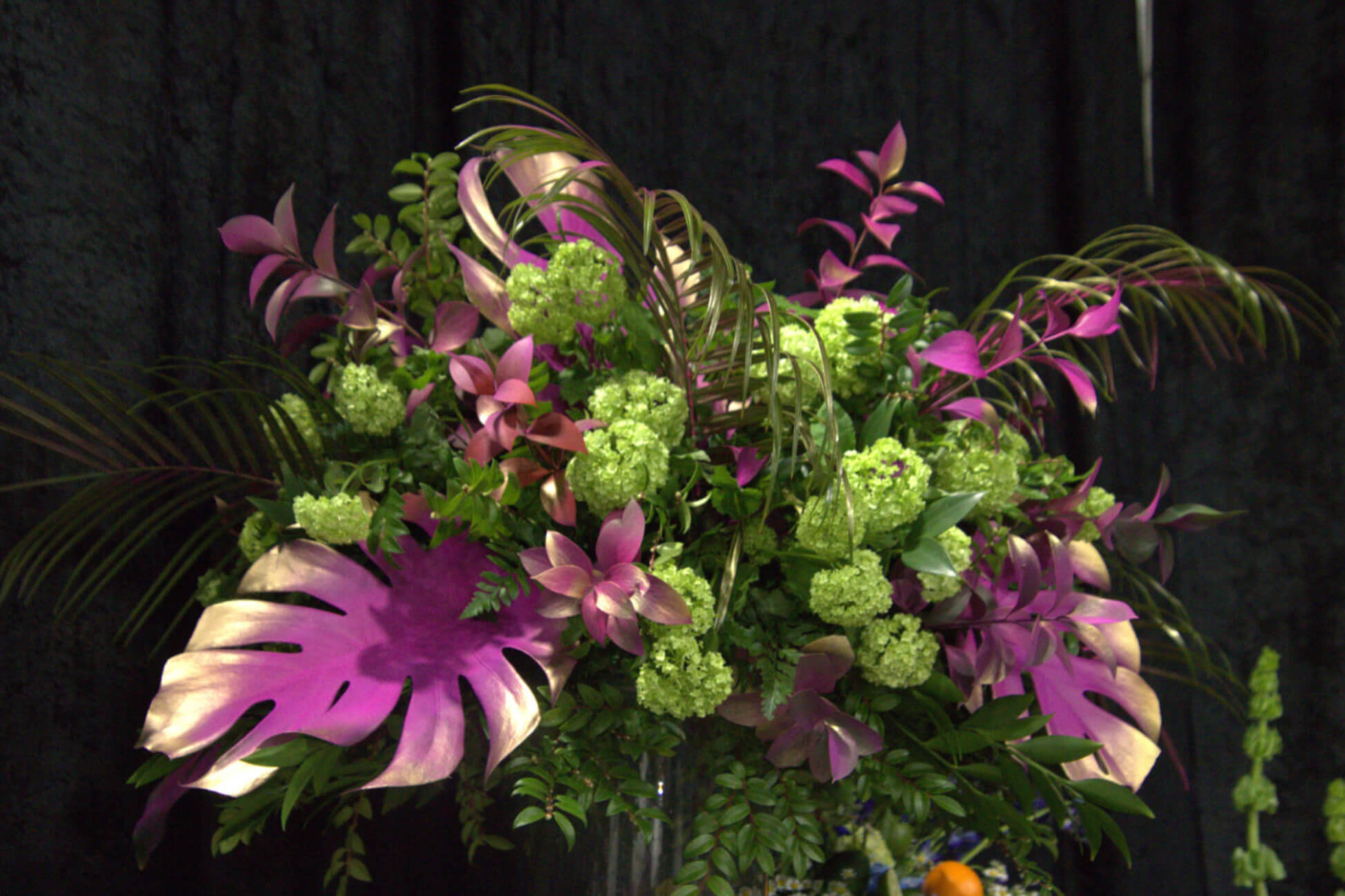 Bright purple and green floral arrangement
