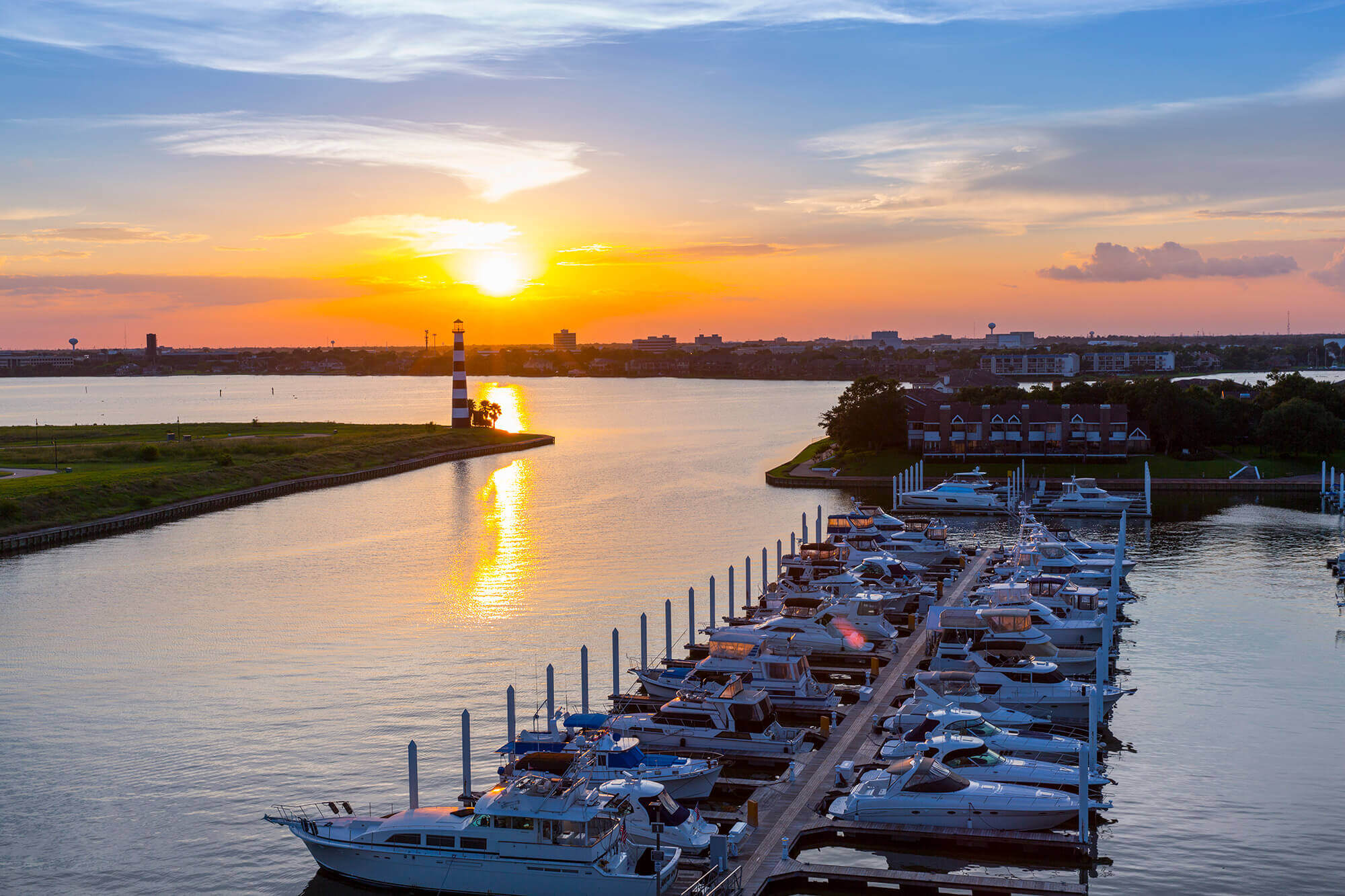 South Shore Harbour Resort waterfront view at sunset