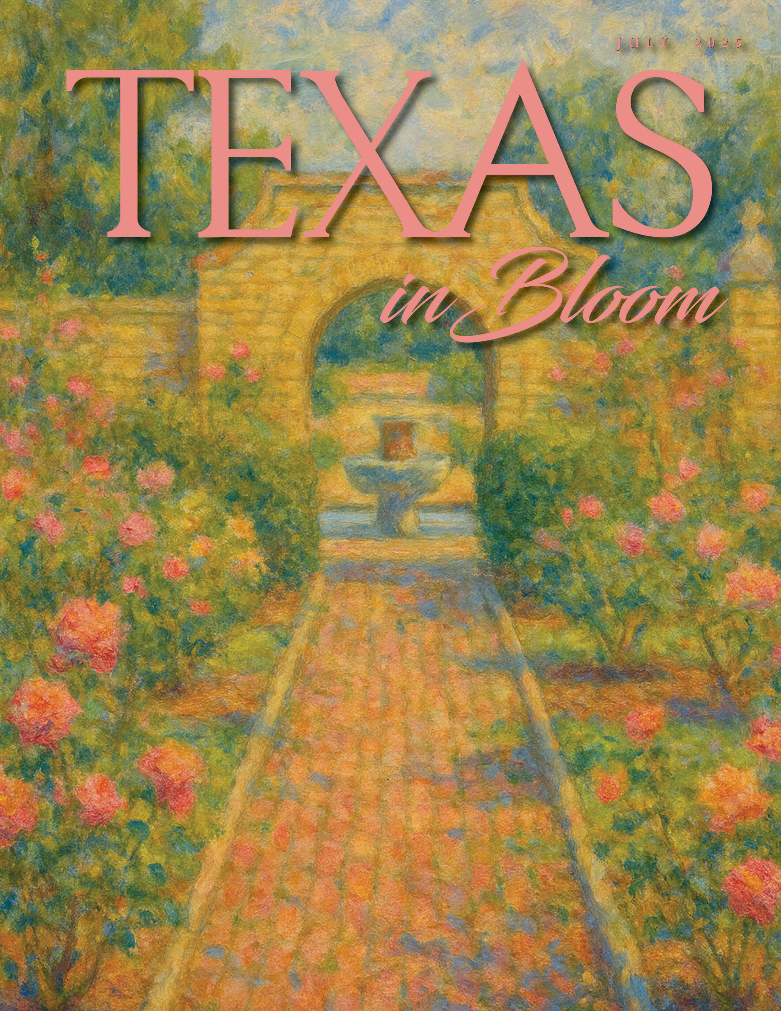 July 2025 TEXAS in Bloom cover featuring a stylized image of the Tyler Rose Gardens