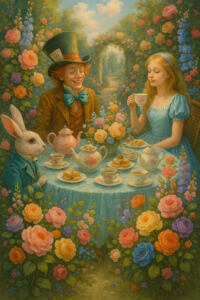 AI-generated image of an Alice in Wonderland tea party