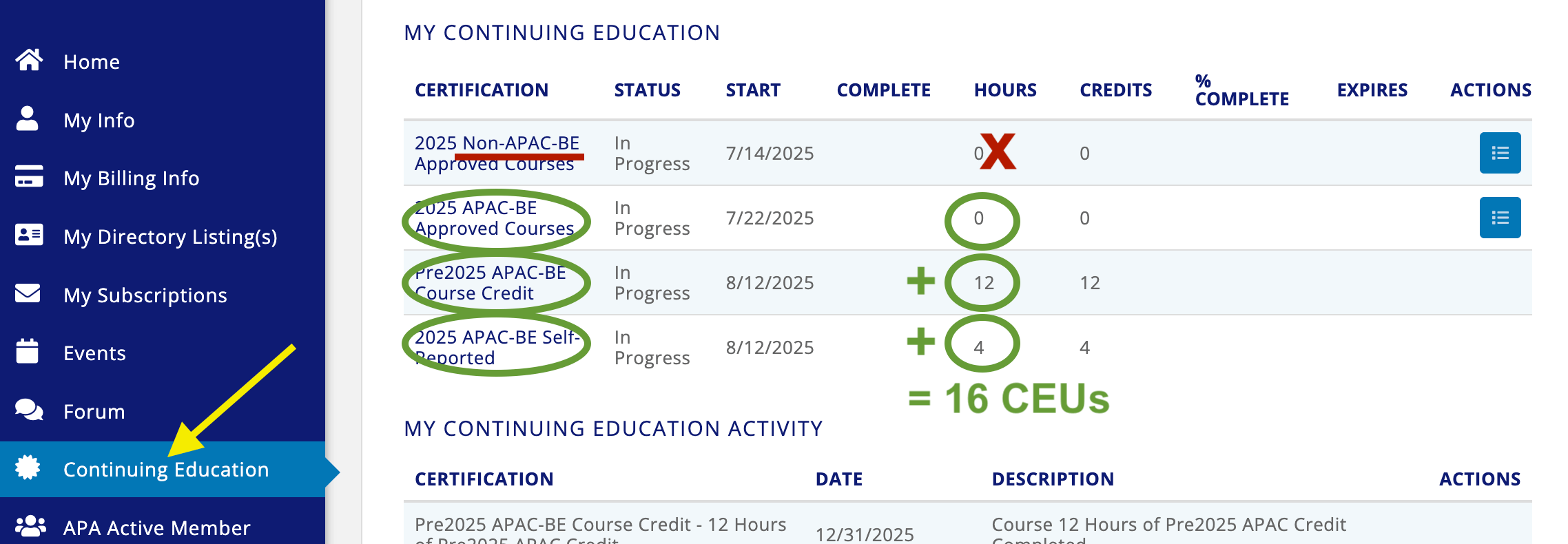 Screenshot of Member Hub CEUs example