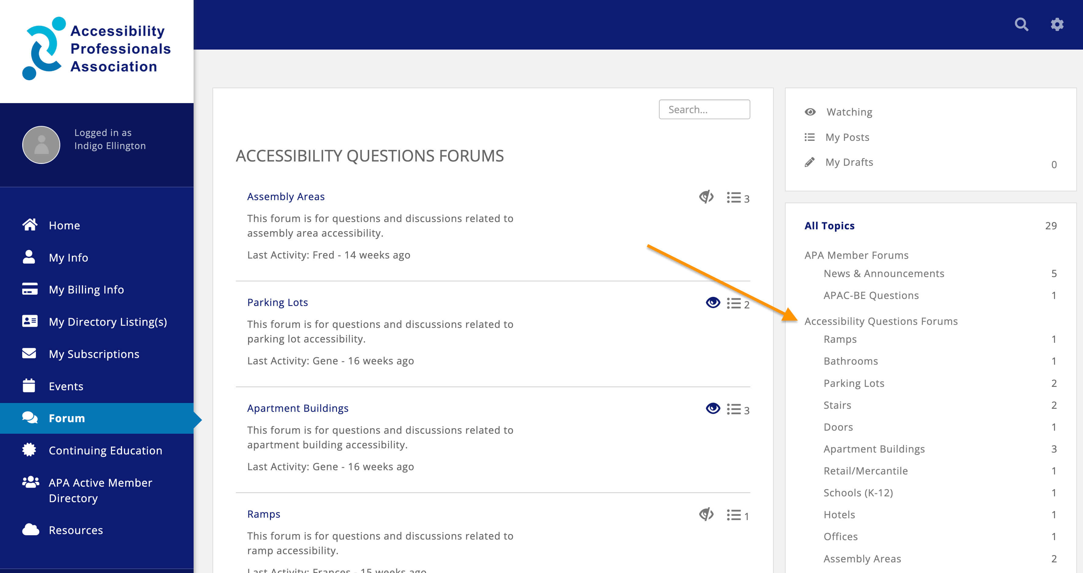 An orange arrow pointing to the Accessibility Questions Forums in the right sidebar of the Forums in the Member Hub