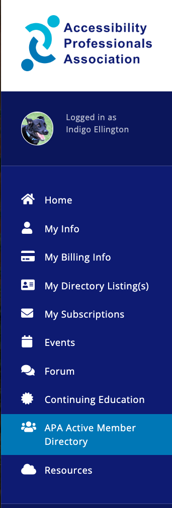 APA Active Mwember Directory Option highlighted in the left sidebar in the member hub