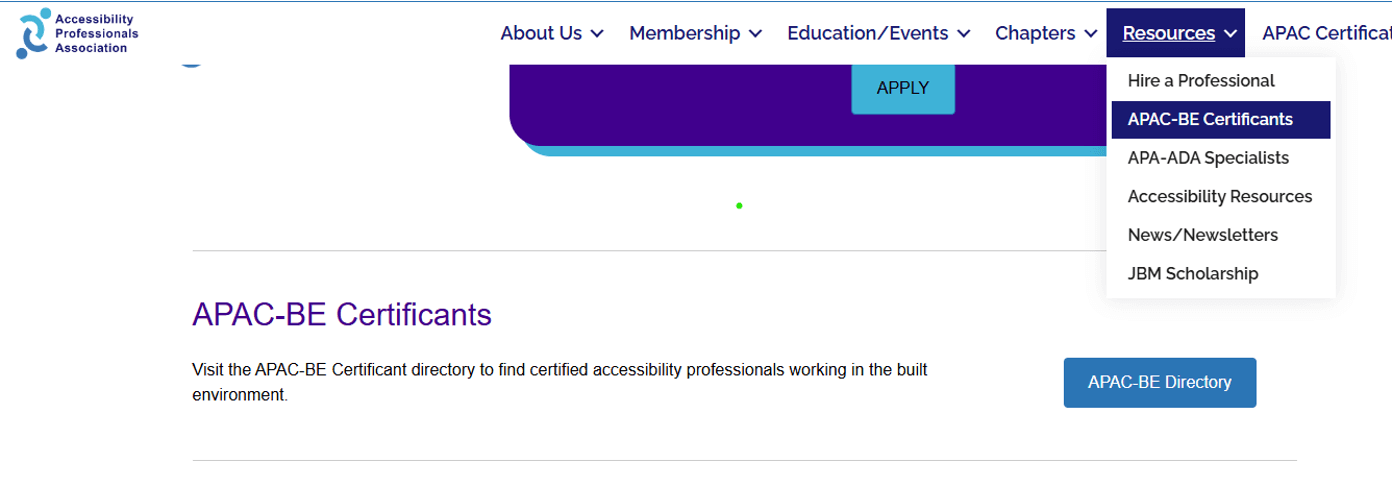 A screenshot showing the APAC-BE Directory Links on the APA website.