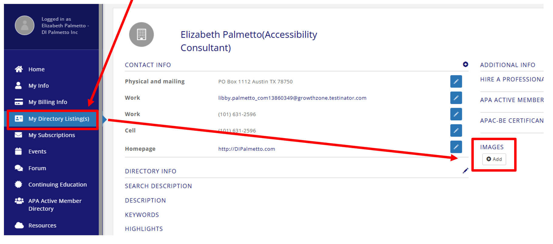 Arrows indicating that you need to go to the My Directory Listing Tab and look for the Add Images option
