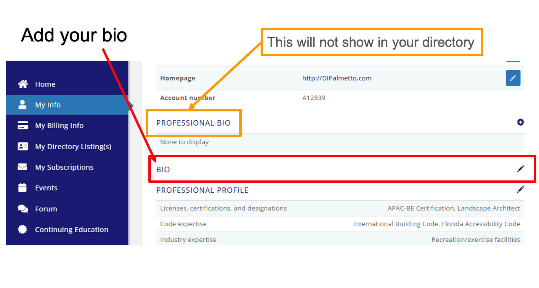 Professional Bio and Bio shown as separate in the My Info Tab