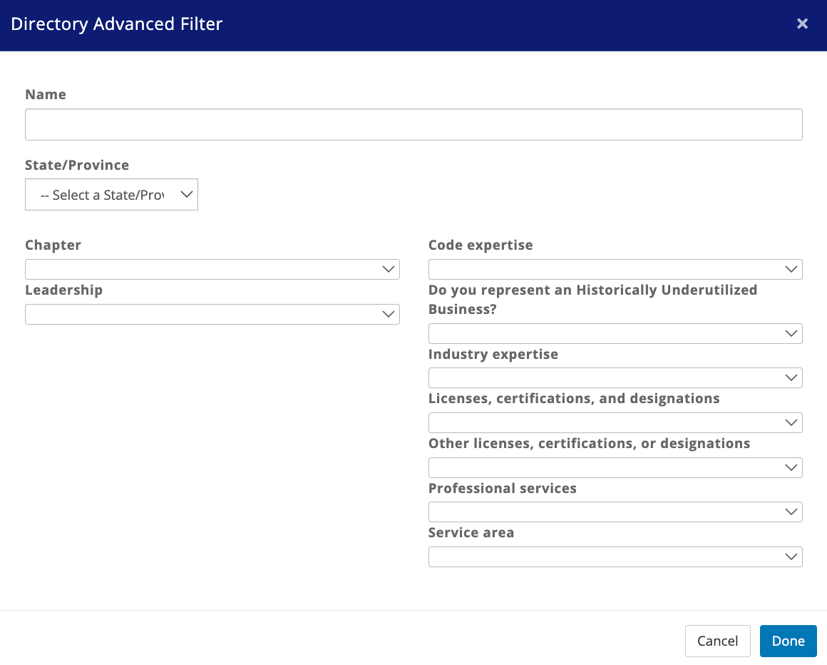 Options avaialble for searching in the Directory Advanced Filter
