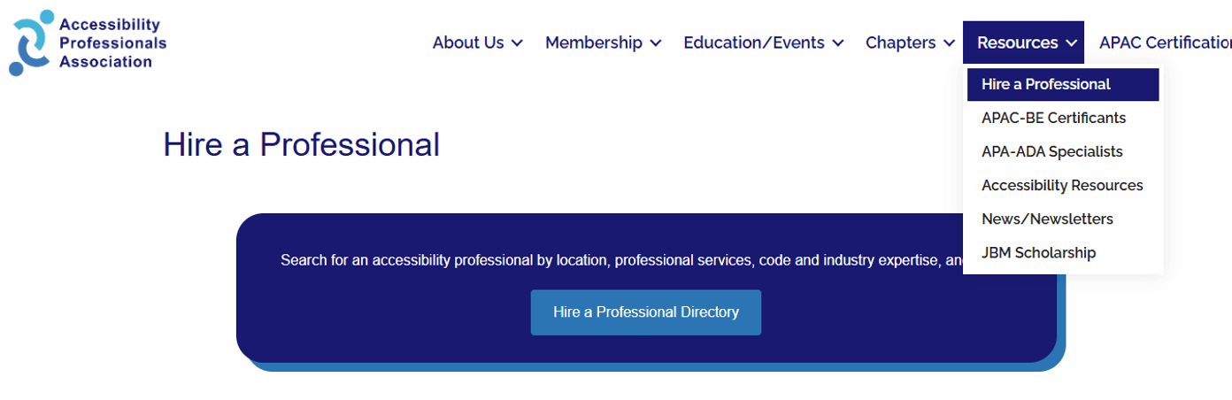 A screenshot showing the Hire A Professional Directoy links on the APA website.