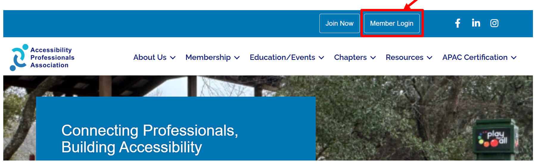 Member Login Link at the top right corner of the APA homepage