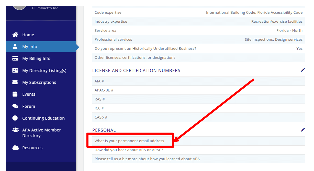Red arrow indicating where to enter your permanent email address in the Personal section of My Info tab.