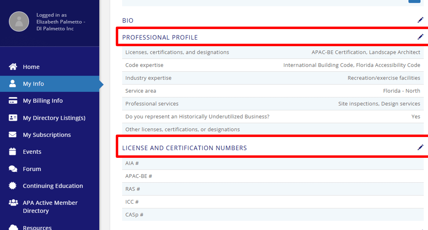 Professional Profile and License Numbers Sections for Directory Searching