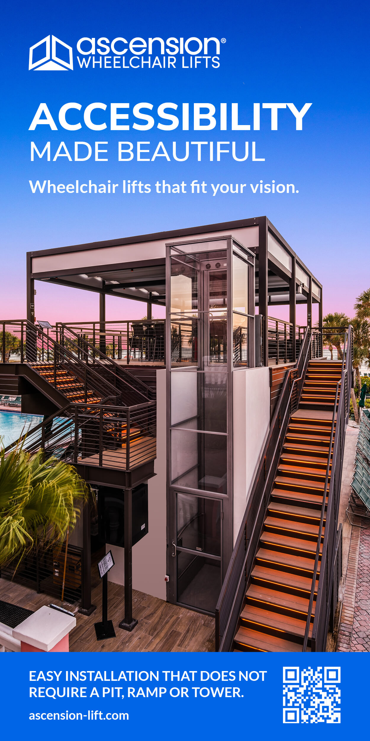 Ascension Wheelchair LIfts advertisement that shows a beautiful building with an external wheelchair lift and text saying accessiblity wheelchair lifts