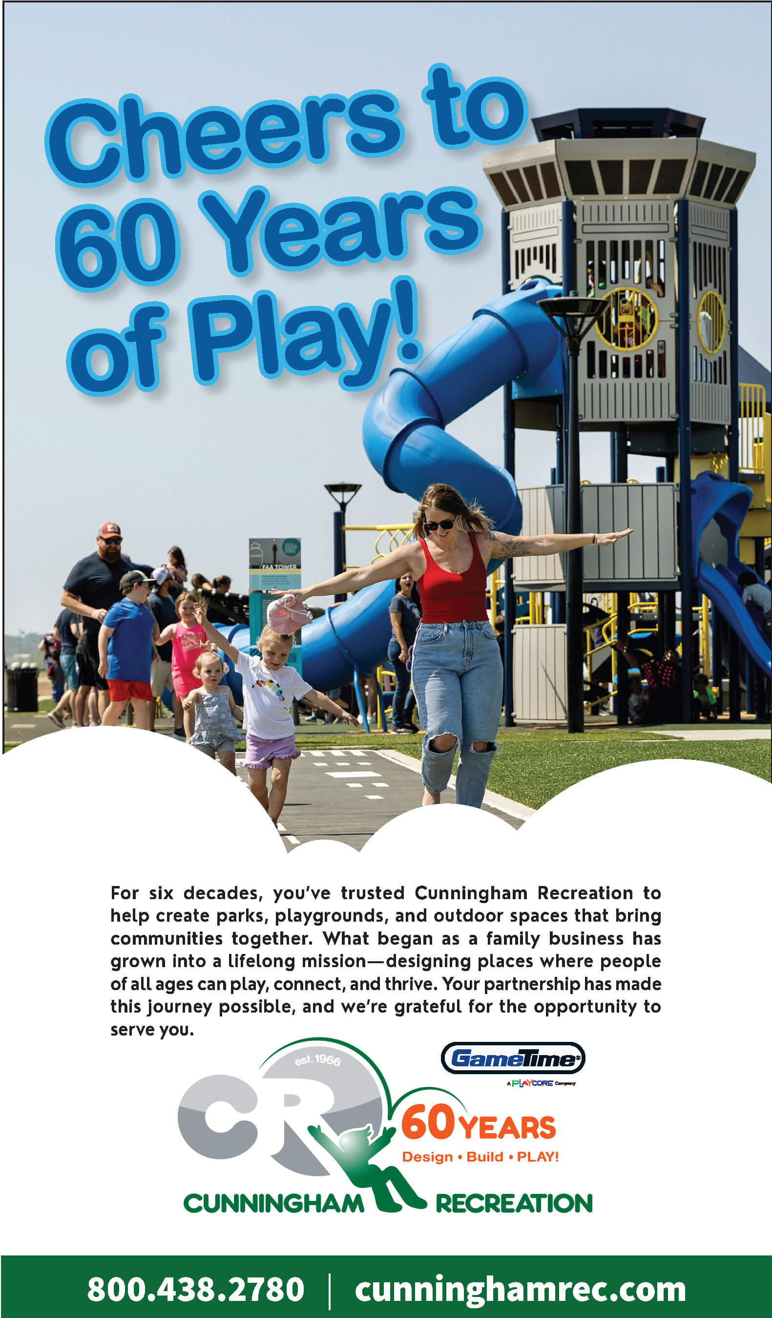 Cunningham Recreation advertisement showing adults and children playing at a large playground with text saying cheers to 60 years of play.