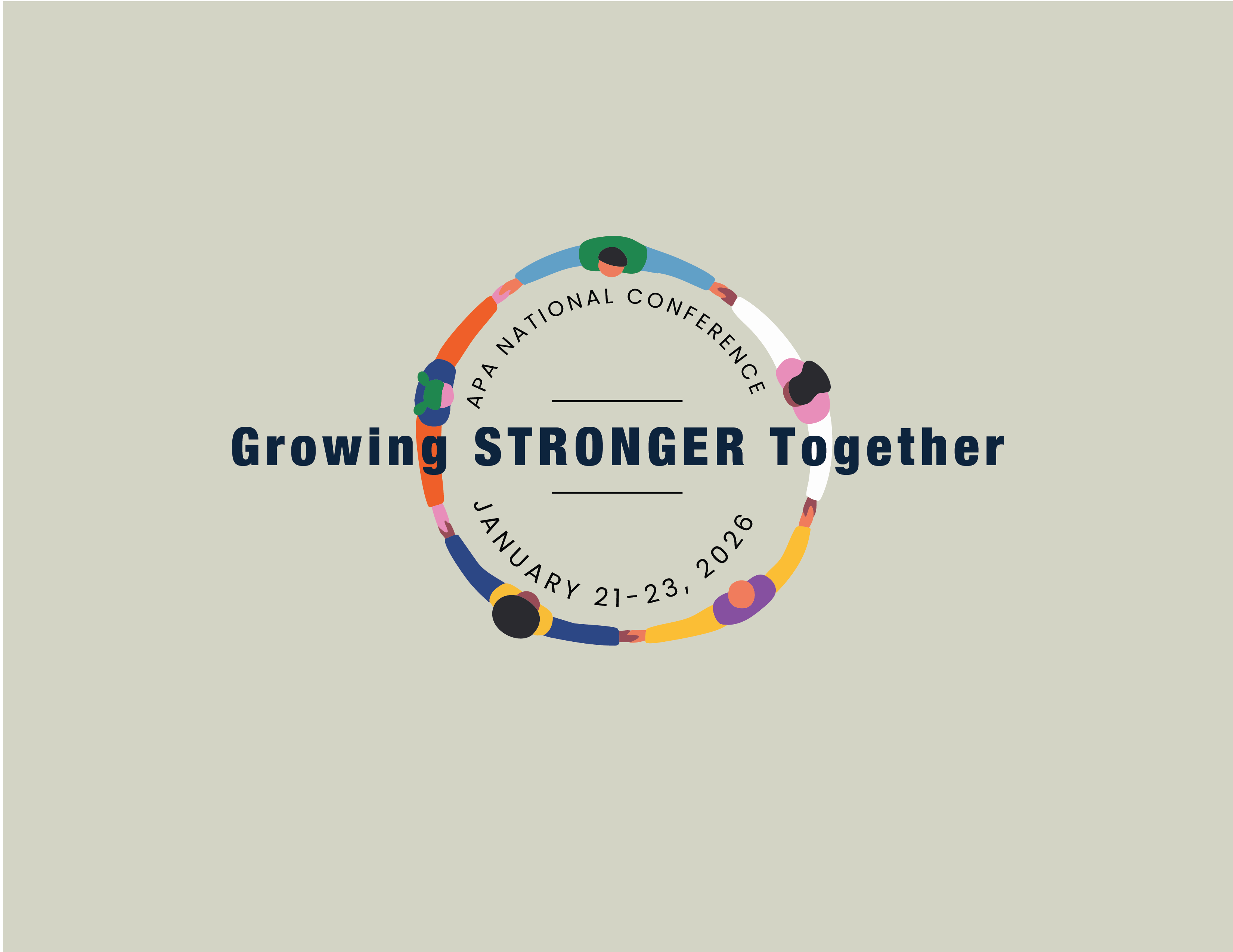A colorful graphic of people holding hands in a circle with text saying Growing Stronger Together