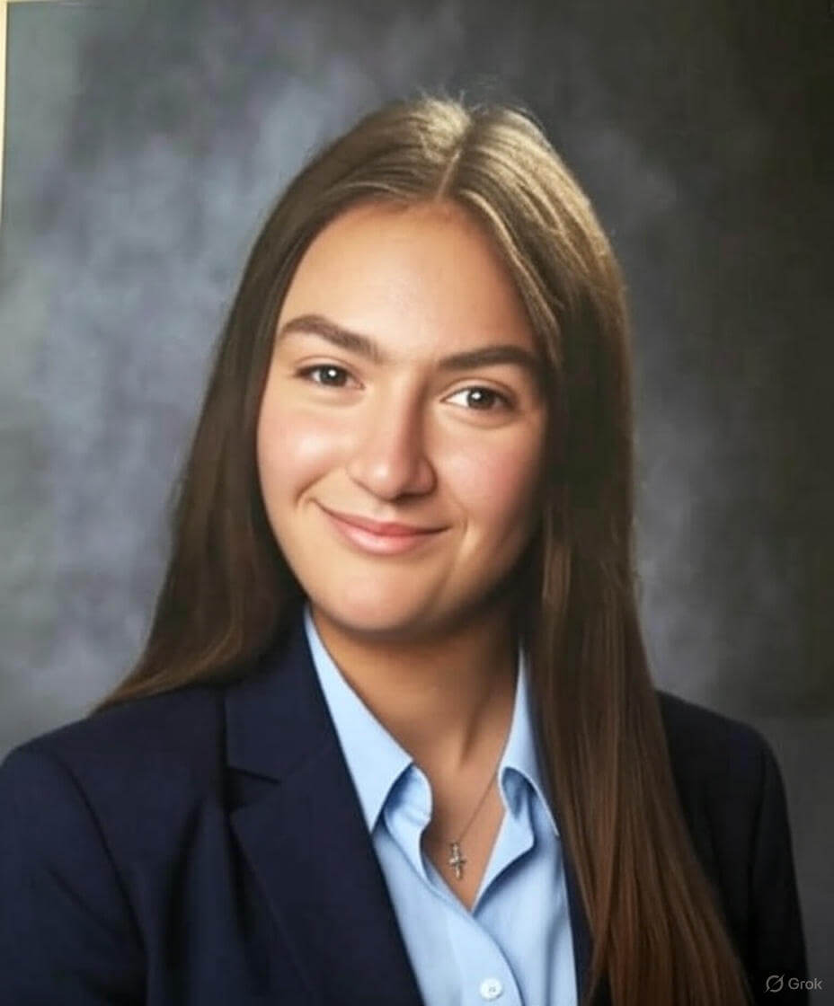 Mya has long dark hair and is wearing a dark blazer over a light blue shirt