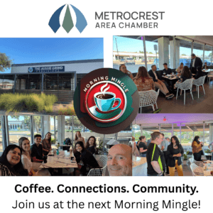 Coffee. Connections. Community. Join us at the next Morning Mingle! Morning Mingle graphic, with chamber logo, cup of coffee image, an image of Aussie Grind Provisions exterior, and 3 images of peple netowrking or posing for a selfie.