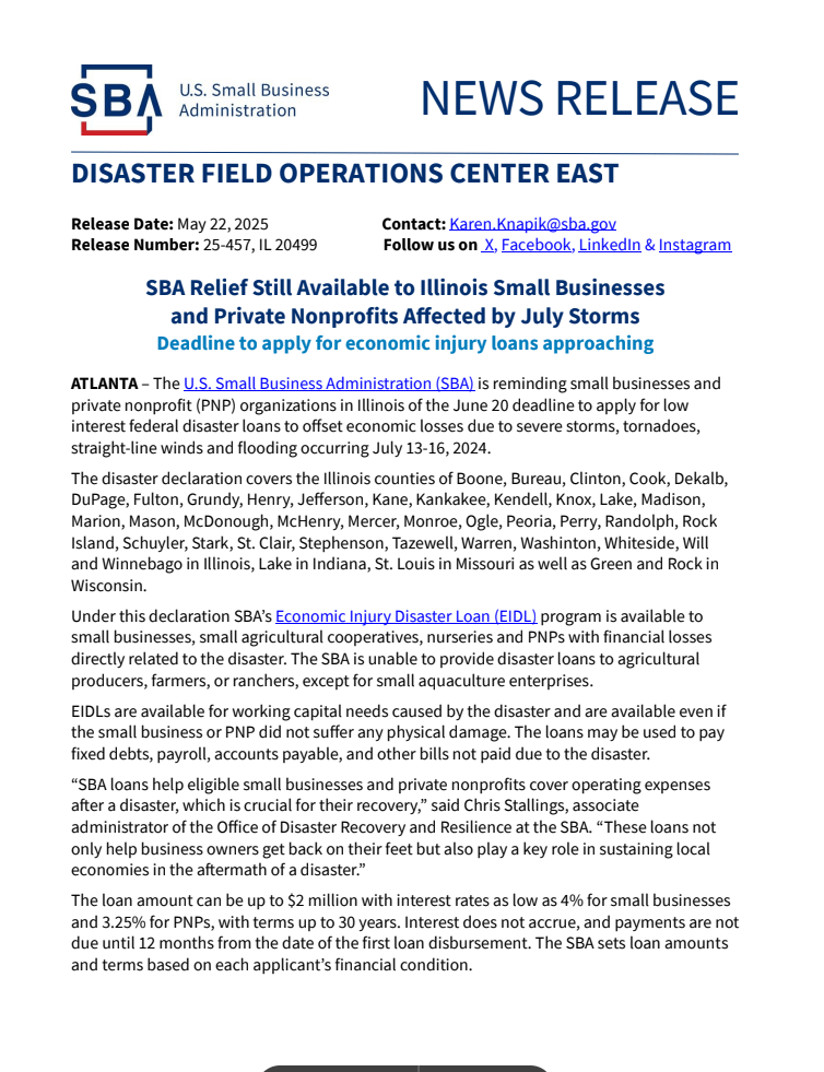 SBA Relief Still Available to Illinois Small Businesses