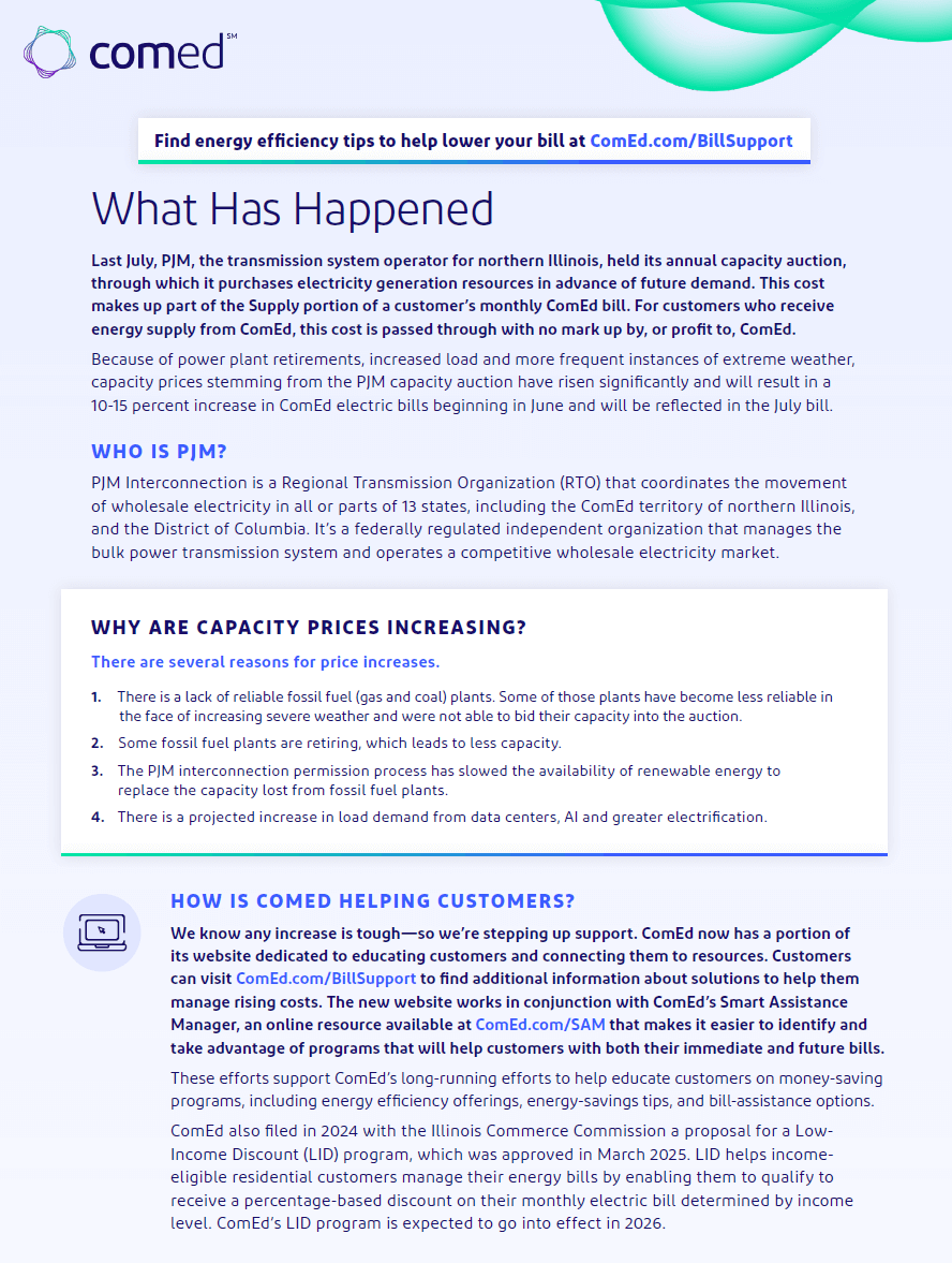 Energy Costs - Explanation of PJM capacity cost increase on ComEd bills Com Ed Energy Costs - Explanation of PJM capacity cost increase on ComEd bills