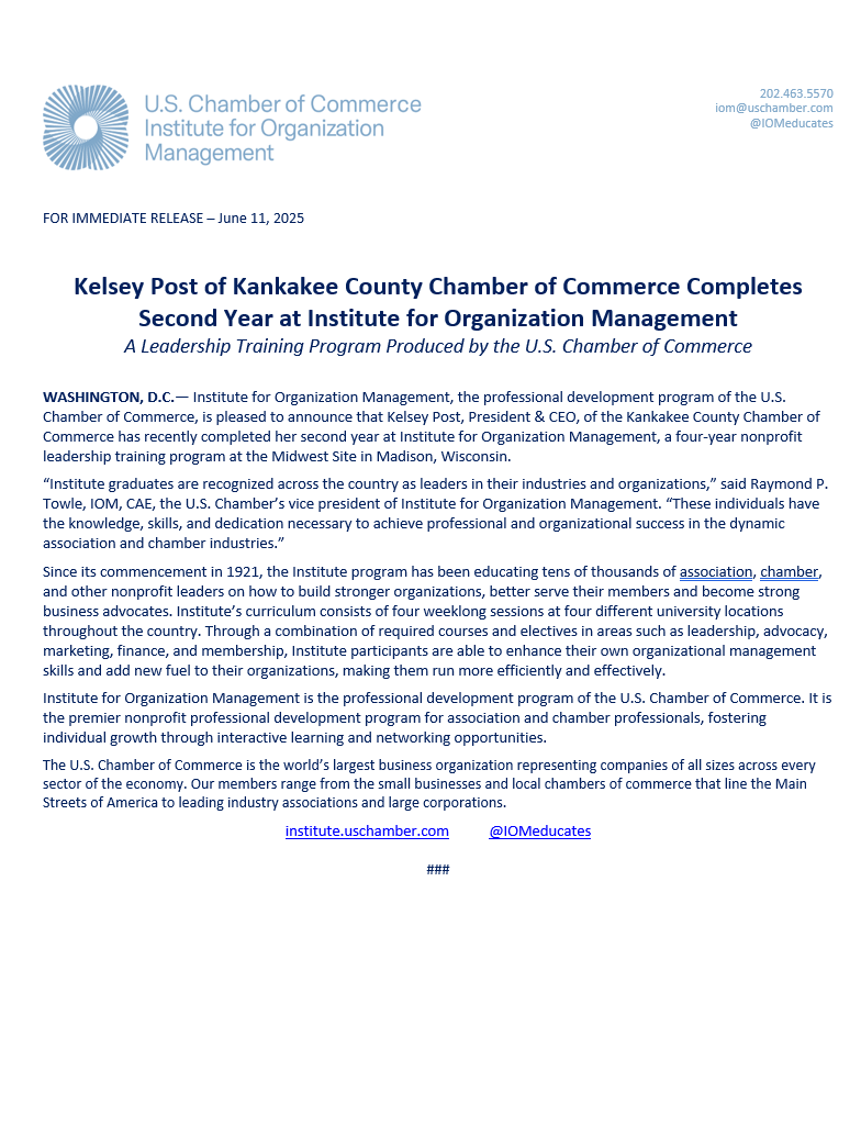 Kelsey Post of Kankakee County Chamber of Commerce Completes Second Year at Institute for Organization Management