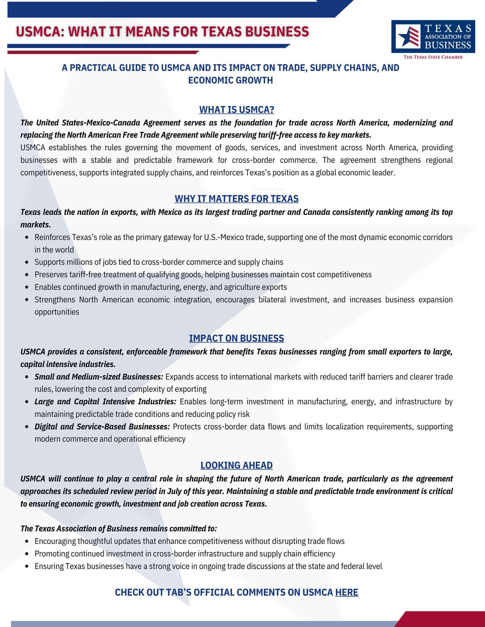 An overview of the United States-Mexico-Canada Agreement and its role in supporting Texas's leadership in trade, manufacturing, and energy. This resources builds on the Texas Association of Business's formal testimony and advocacy efforts on North American trade policy.