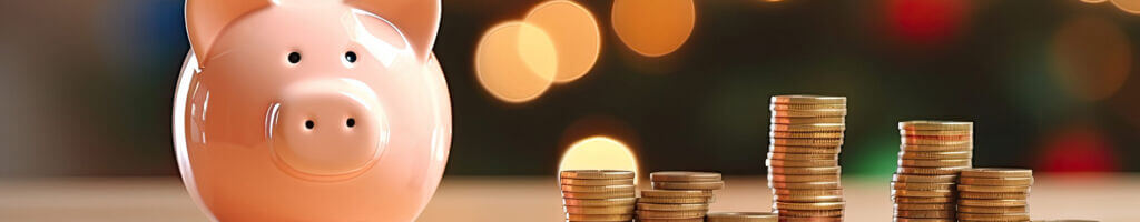 piggy bank standing by stacked coins