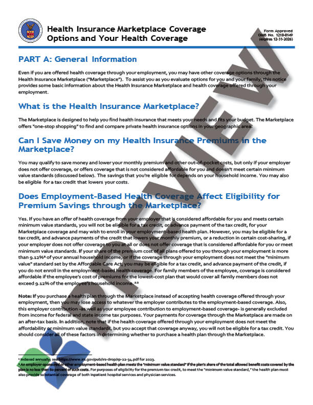 ACA healthcare notice for employers who offer insurance