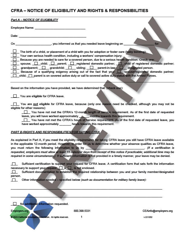 CFRA_ONLYNoticeofEligibility_R&R_preview CFRA Notice of Rights and Responsibilities Form Thumbnail