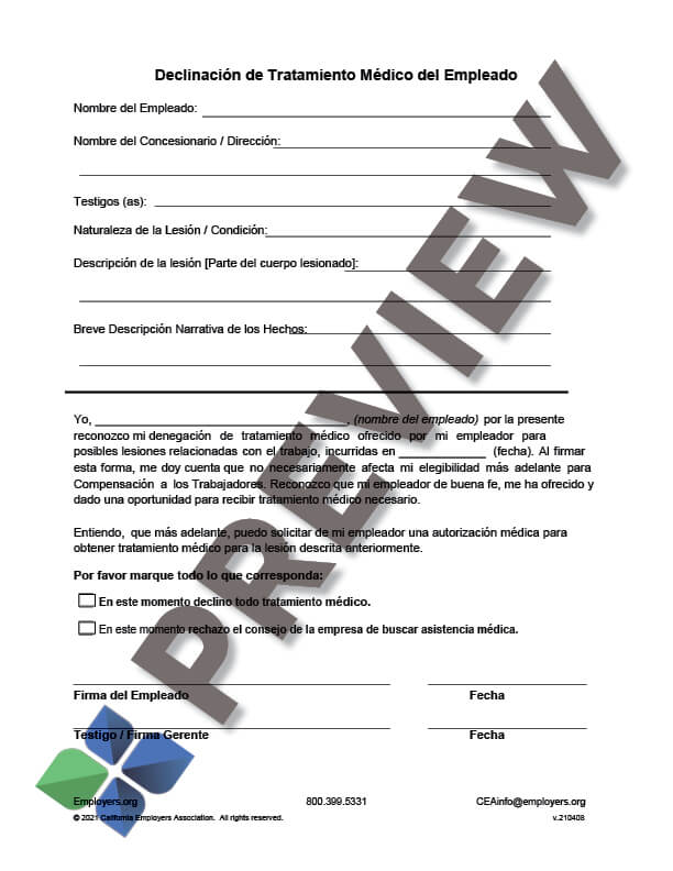 EEDeclinationMedTreatmentSpanish_preview Workers' Comp - Employee Declination of Medical Treatment (Spanish)