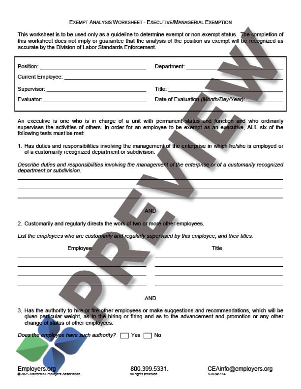 ExemptAnalysisWorksheet-ExecutiveManagerial_preview Exempt analysis for executives and managers form thumbnail