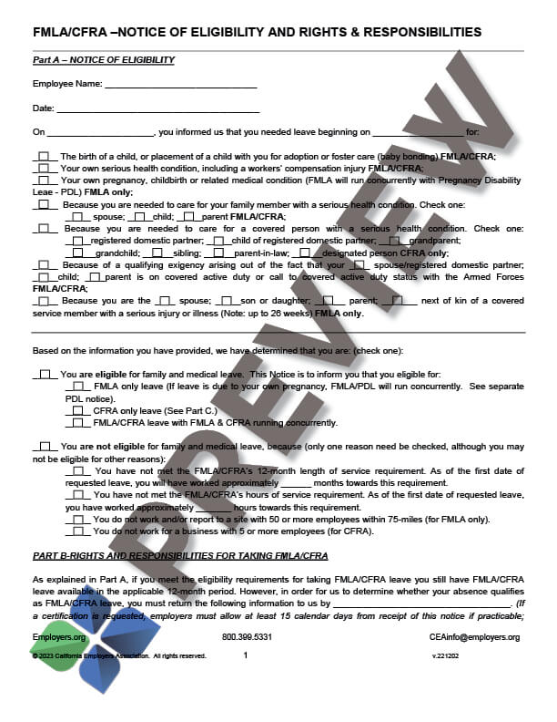 FMLA-CFRANoticeEligibilityRights&Resp_preview FMLA CFRA notice of eligibility
