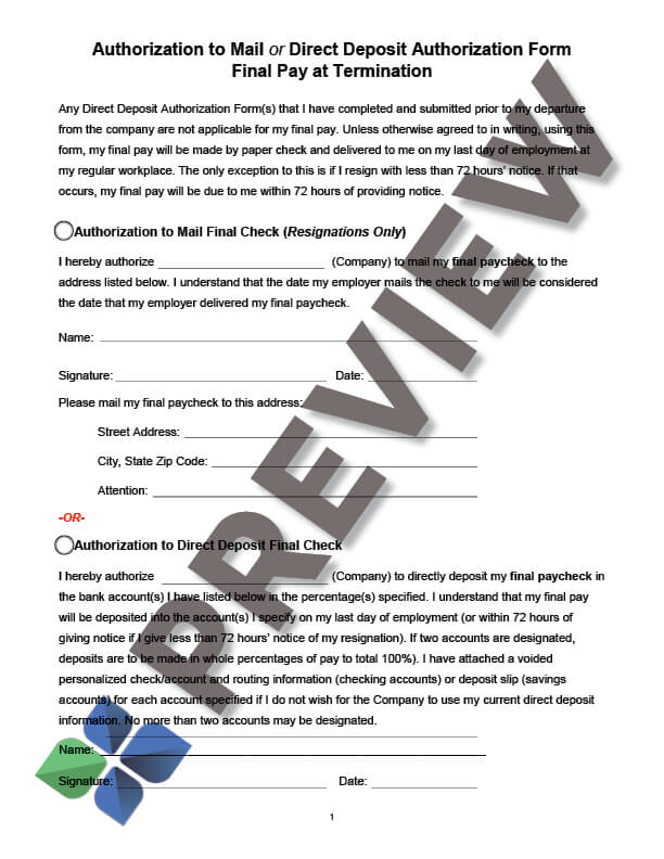 Final Pay Mail Check or Direct Deposit Form