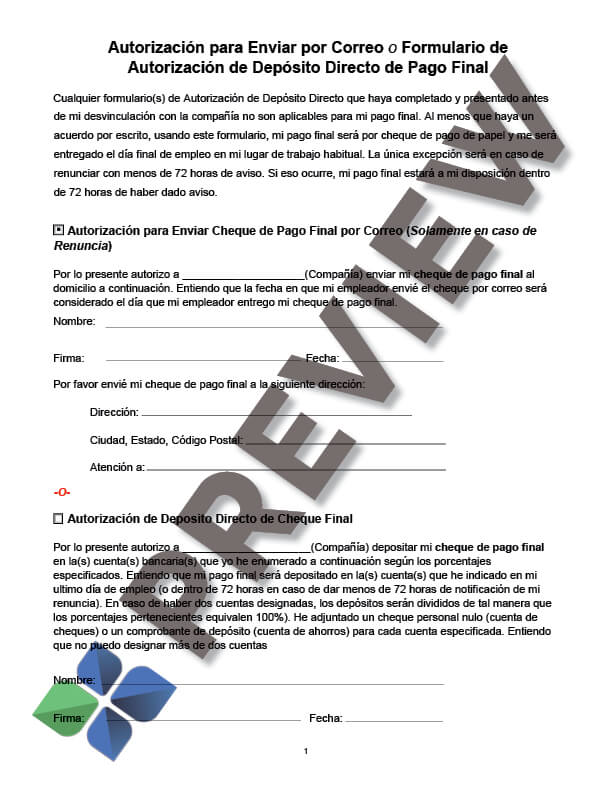 FinalPayMailCheckDirectDepositSpanish_preview Final Pay Mail Check or Direct Deposit Form - Spanish