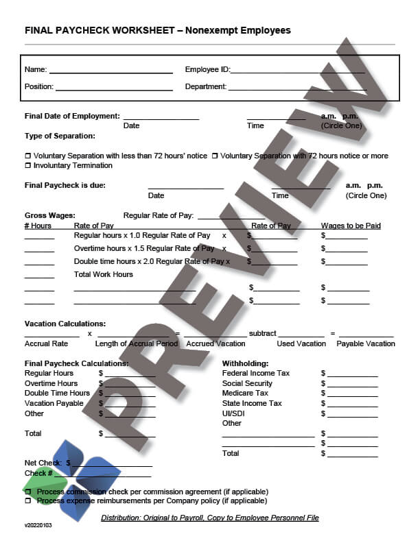 FinalPaycheckWorksheet-Nonexempt_preview Final Paycheck Worksheet - Nonexempt Employees