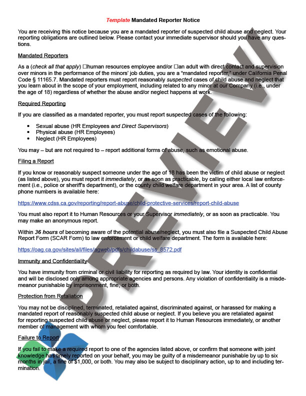 Mandated-Reporter-Notice -to-Employees-Template_preview Mandated Reporter Notice to Employees - Template