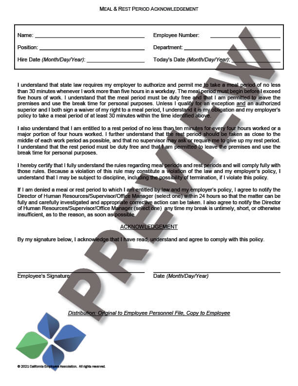 Meal & Rest Period Acknowledgement