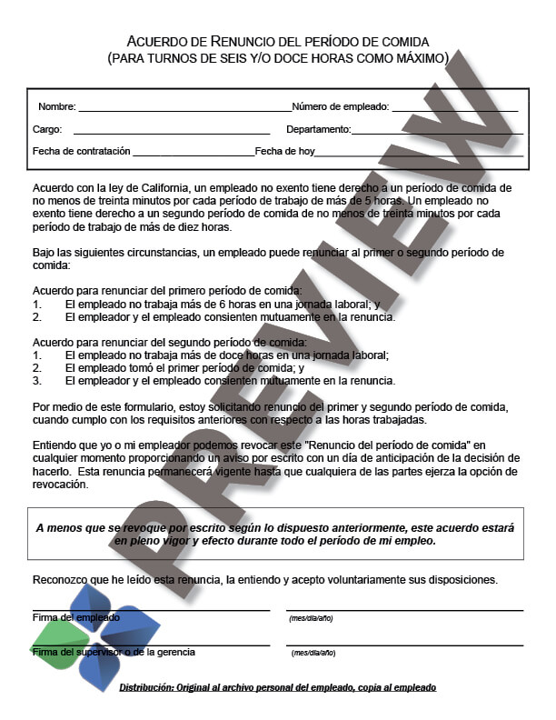 Meal Period Waiver in Spanish