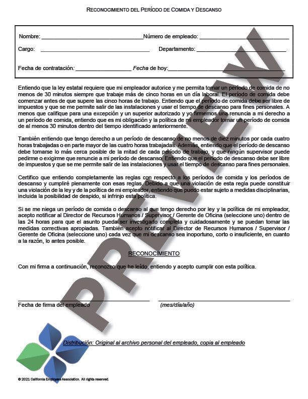 Meal&RestAckSpanish_preview Meal and Rest Break Acknowledgment in Spanish