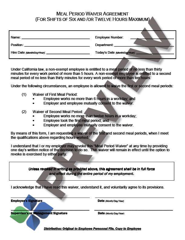 Meal Period Waiver Form Thumbnail