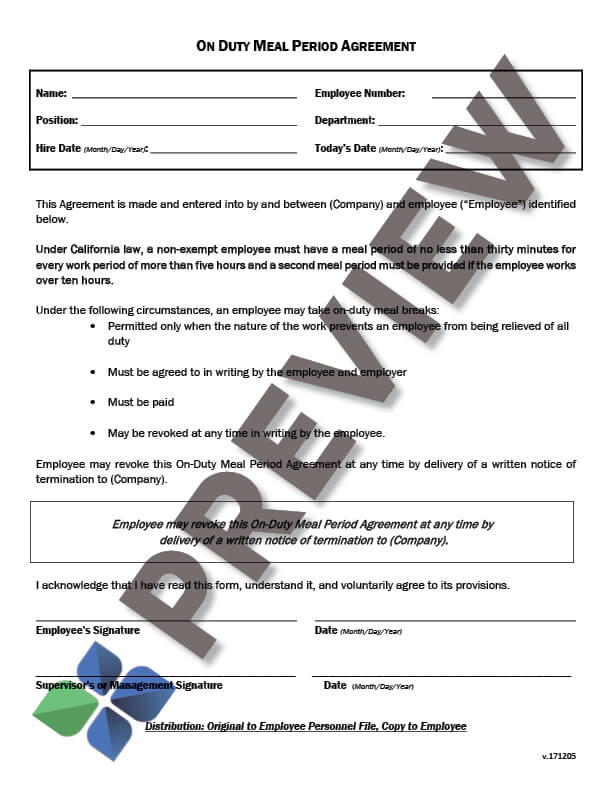 OnDutyMealAgreement_preview On Duty Meal Period Agreement