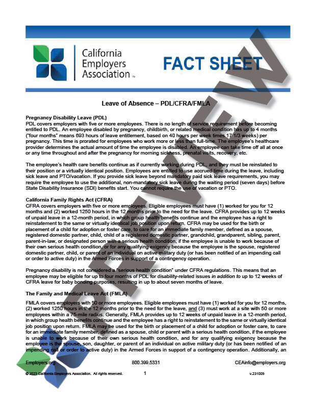 PDL CFRA FMLA Fact Sheet Thumbnail