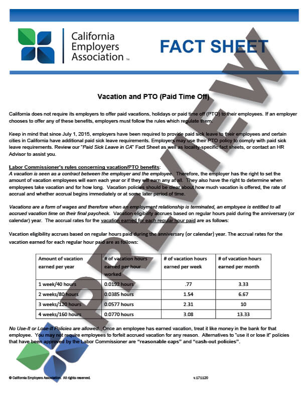 Paid Time Off Vacation Fact Sheet
