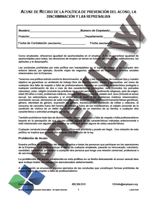 PolicyAgainstDiscriminationHarassmentRetaliation-SP_preview Policy Against Discrimination, Harassment & Retaliation (Spanish)