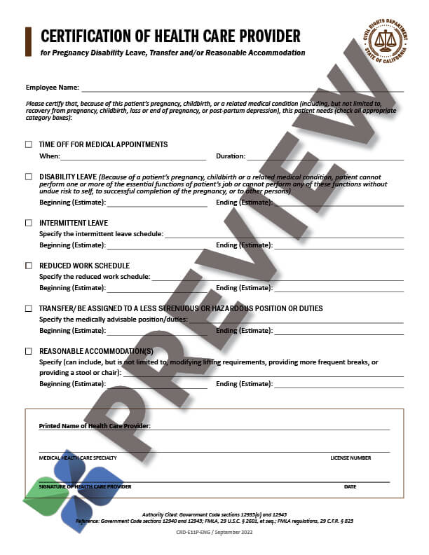 PDL and Reasonable Accomodation Certification Health Care Provider