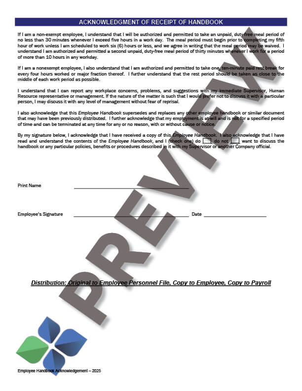 ReceiptofHandbookAcknowledgement_preview Employee Handbook Acknowledgement Form