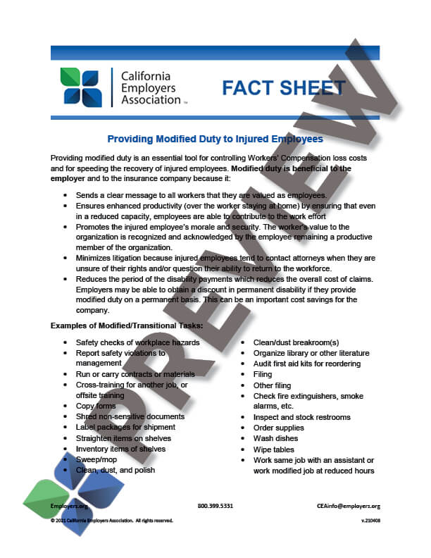 WCProvidingModifiedDutyFactSheet_preview Workers' Comp - Providing Modified Duty - Fact Sheet