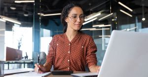 woman reviewing reports