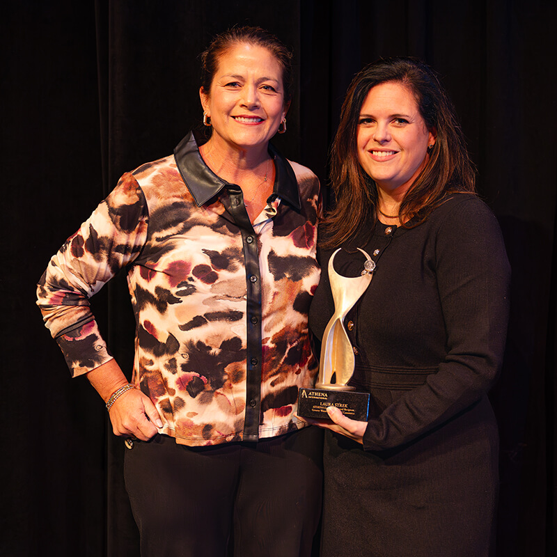 ATHENA2025.jpg: Jeny Nieuwenhuis-Hardel, left, presented Laura Strek, right, with the 2025 ATHENA Leadership Award at the Excellence in Business Leadership Awards Night program held on Thursday, October 9 at The Grand Theater in Wausau.

Photo by Photopoulos Family Photography, LLC