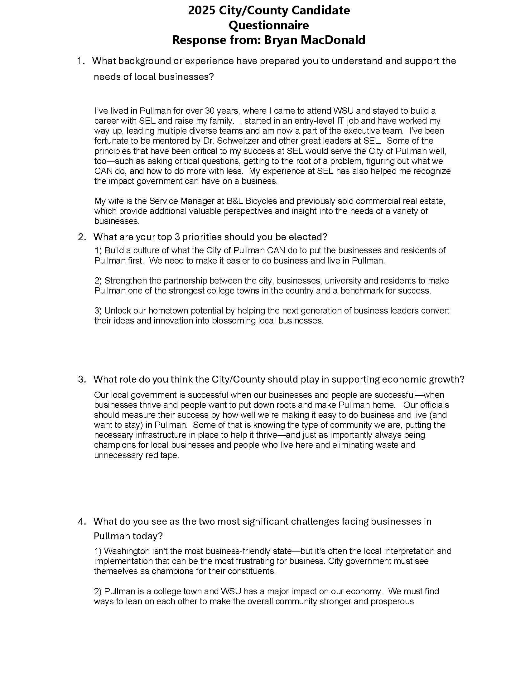 Bryan MacDonald Candidate Questionnaire and Answers