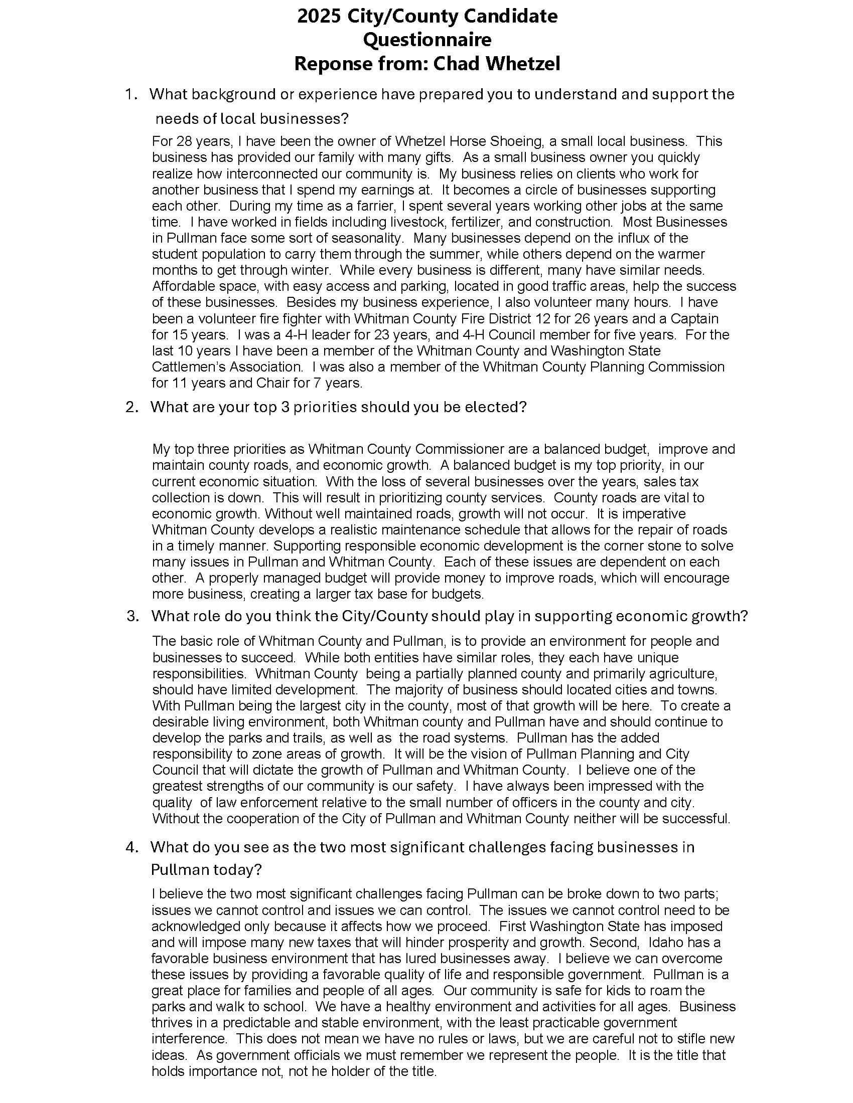 Chad Whetzel Candidate Questionnaire and Answers