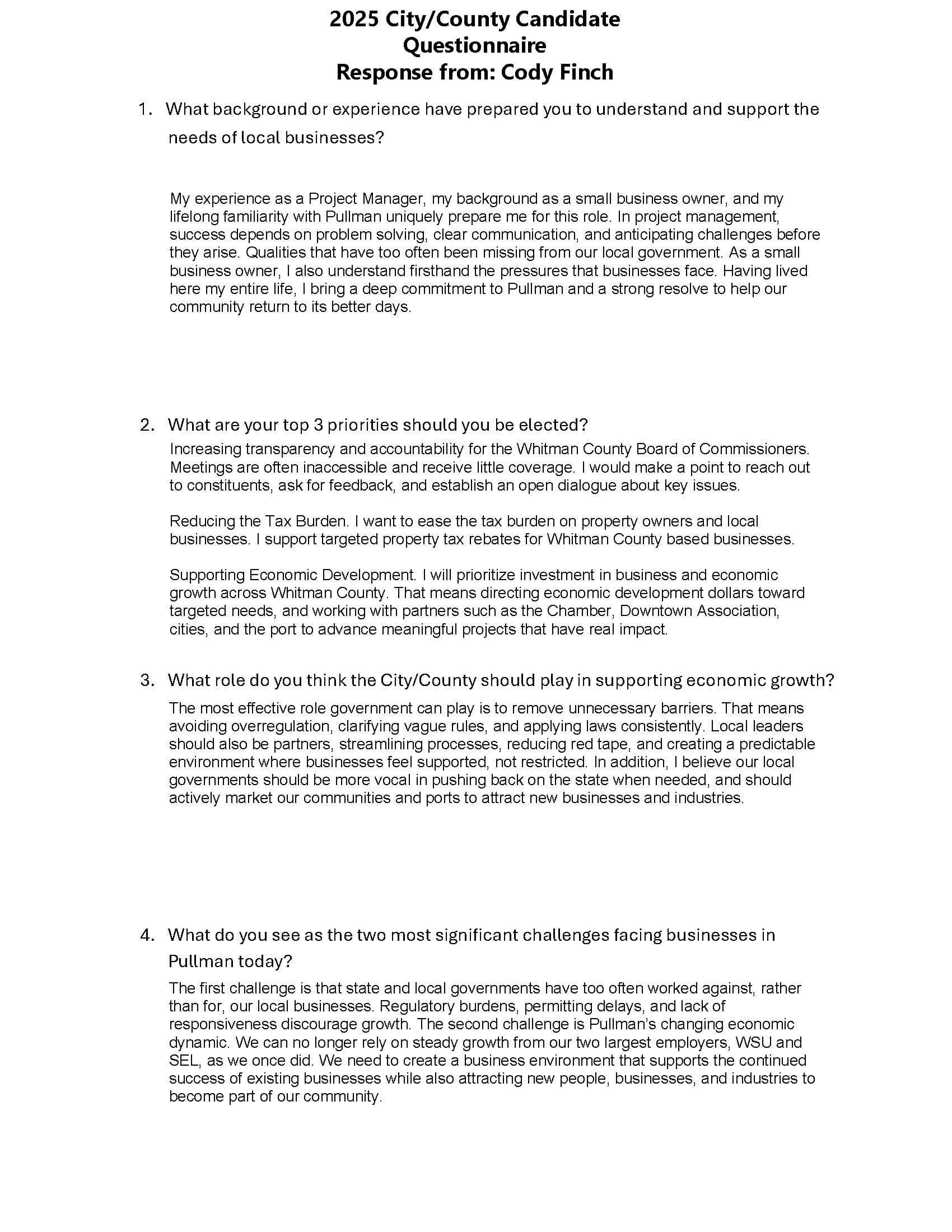 Cody Finch Candidate Questionnaire and Answers